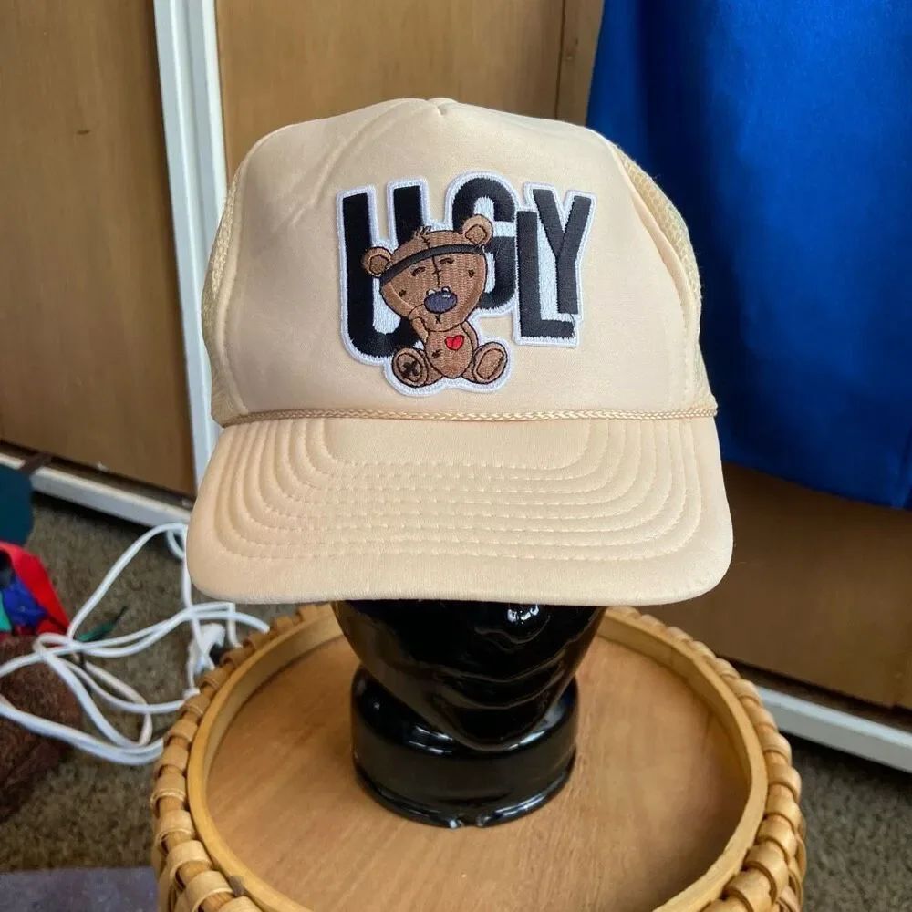VTG Y2K “UGLY” Teddy Bear Trucker Hat Cream Mesh Snapback Ironic Cute Kitsch